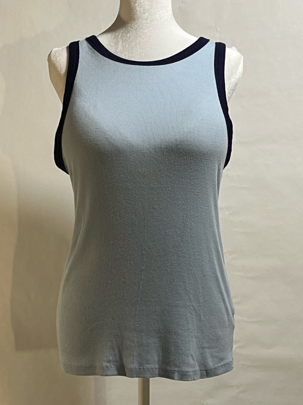 Light Blue Ribbed Tank with Navy Trim